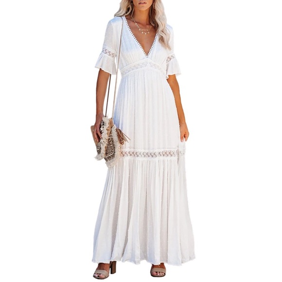Bohemian White Swiss Dot Lace Trim Maxi Dress - Picture 3 of 3
